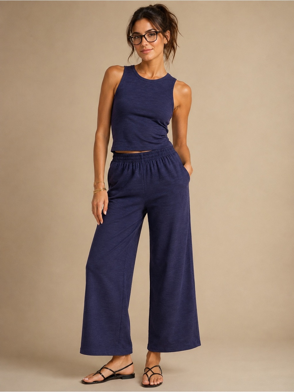 Z Supply Slate Blue Matching Two-Piece Set Cropped Tank Top & Wide Leg Pants XS